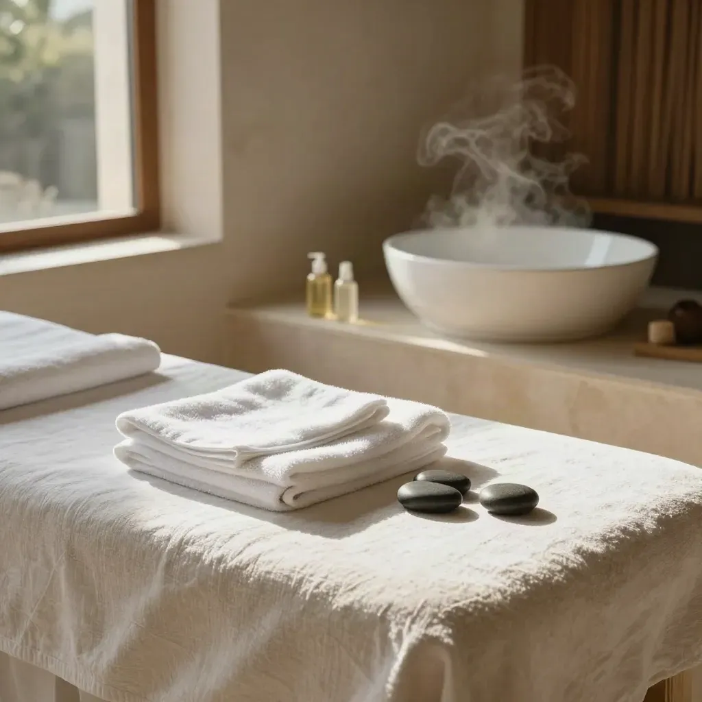 Bilik spa dengan tuala lipat, batu basalt, botol minyak dan besen kaki berwap di teres