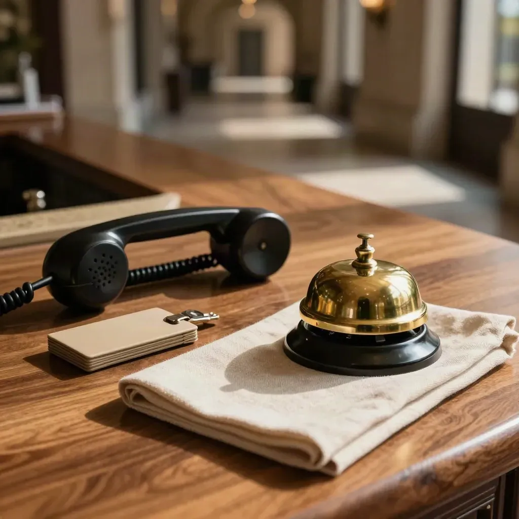 Set concierge hotel dengan telefon, sarung kunci bilik, loceng logam dan kain linen di kaunter kayu