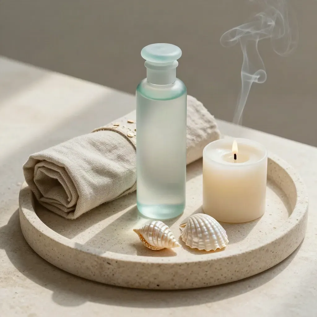Dulang batu dengan botol minyak spa, serbet linen, lilin kecil dan cengkerang.